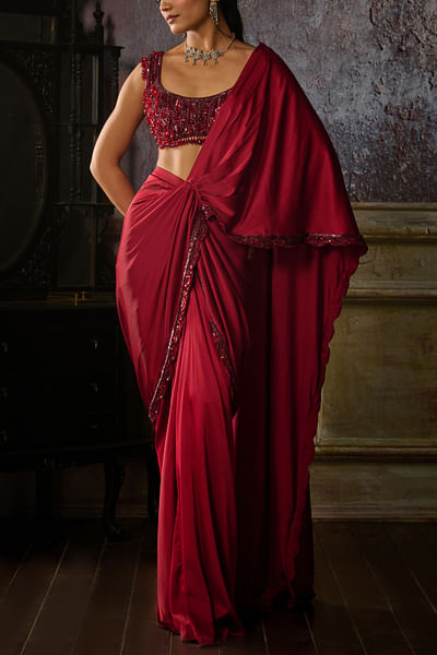 Maroon embroidered pre-draped sari set