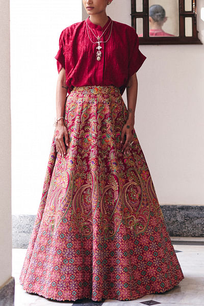 Maroon floral embroidered lehenga and shirt