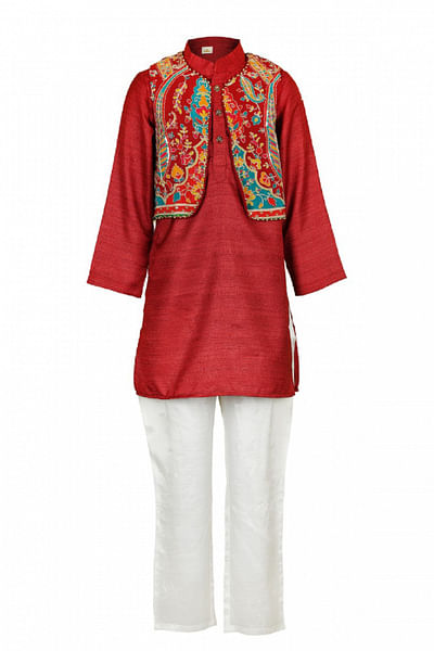 Maroon floral embroidery jacket kurta set