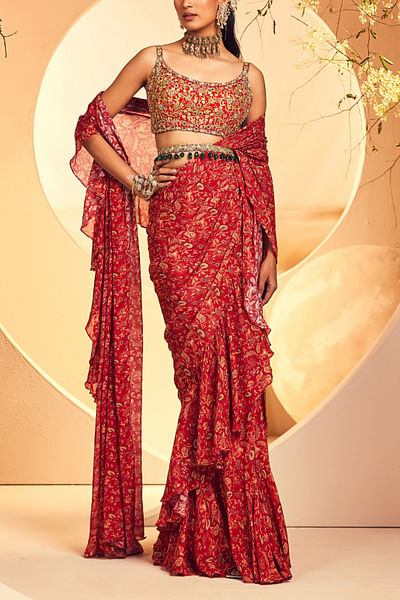 Maroon floral print pre-draped sari set