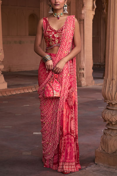 Maroon floral printed draped gharara sari set