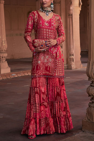 Maroon floral printed tiered gharara set