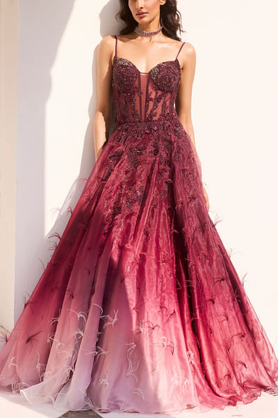 Maroon ombre floral embroidered gown