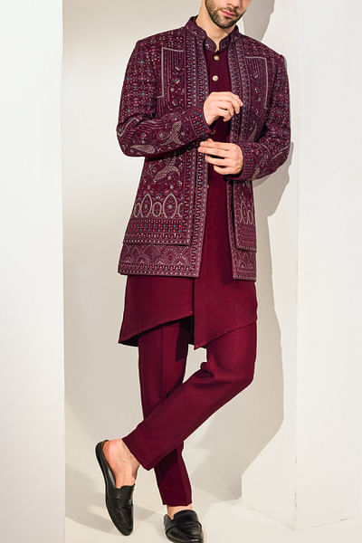 Maroon paisley embroidery jacket and kurta set
