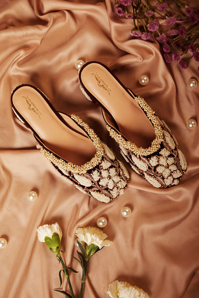 Maroon pearl embroidered mule heels