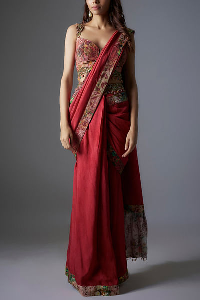 Maroon raw silk sari set