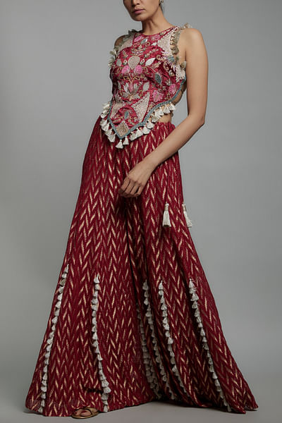 Maroon tasselled banarasi sharara set