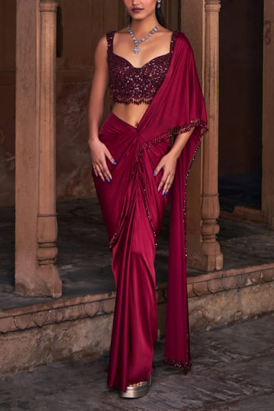 Marsala crystal tasselled pre-draped sari set