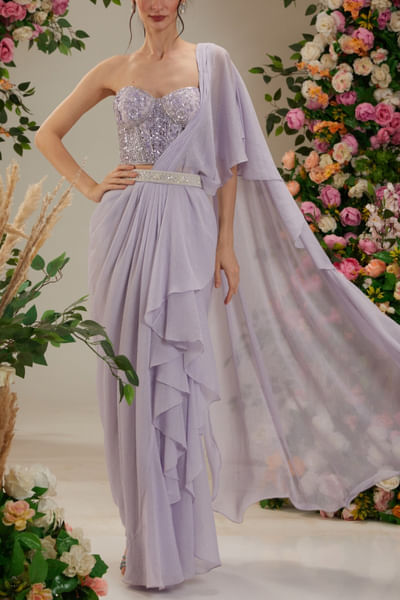 Mauve embellished ruffle pre-drape sari set