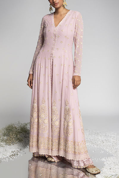 Mauve embroidered jacket and printed sharara