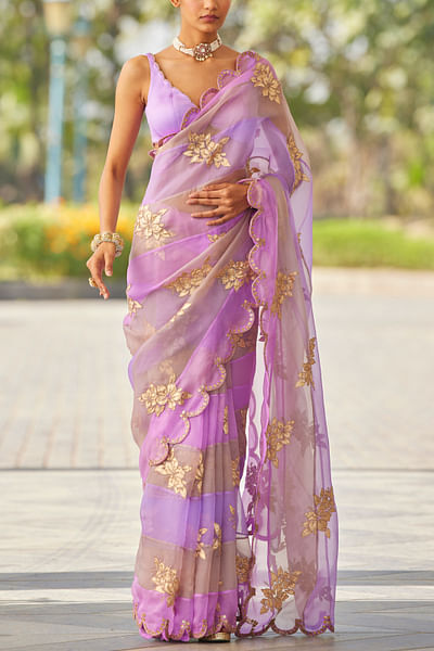 Mauve floral applique embroidery sari set