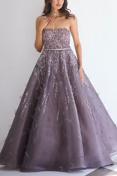 Mauve grey sequin embroidered strapless gown
