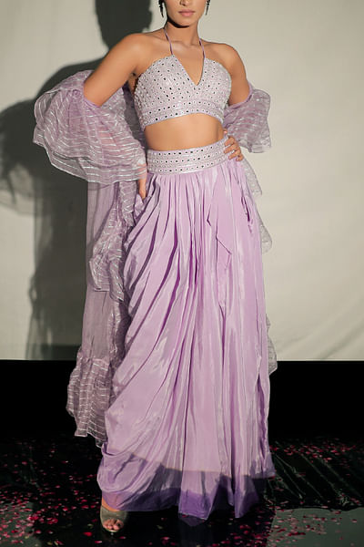 Mauve mirror embroidered drape skirt set