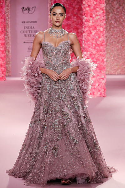 Mauve pink crystal embellished gown set