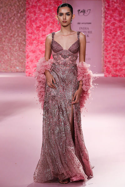 Mauve pink crystal embroidered gown set