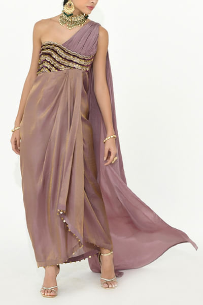 Mauve scallop sequin embroidered draped dress