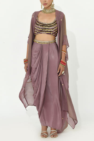 Mauve sequin embroidered cape and skirt set
