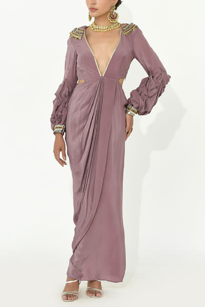 Mauve sequin embroidered draped dress