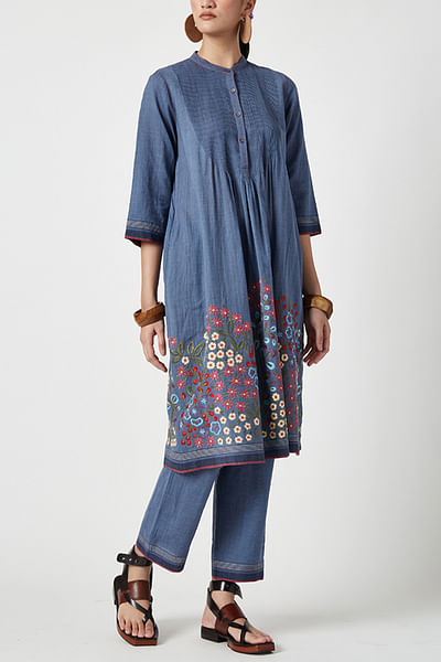 Medium blue floral embroidered kurta set