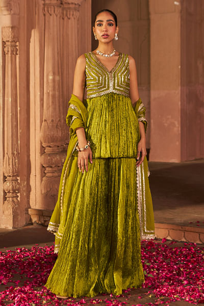Mehendi green crinkled sharara set