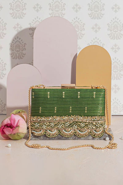 Mehendi green woven embroidered box clutch