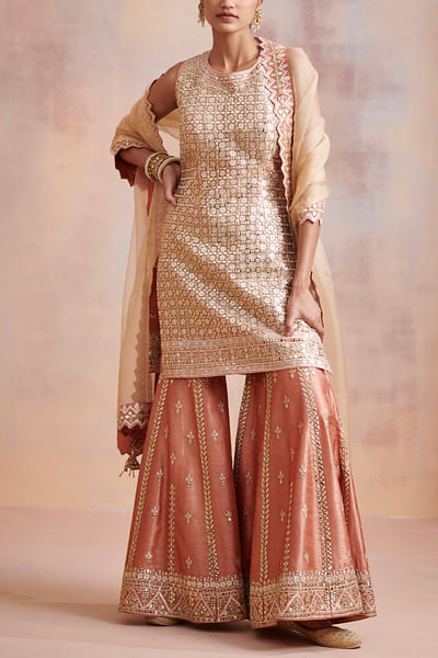 Melon orange and dull gold mirror gharara set