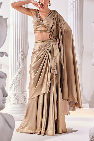 Metallic antique gold tassel draped sari set