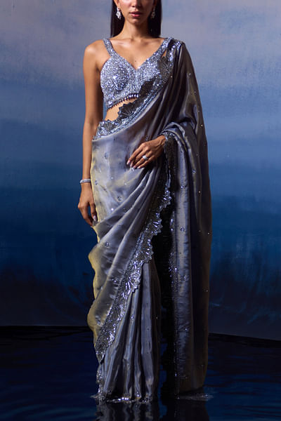 Metallic grey motif embroidered sari set