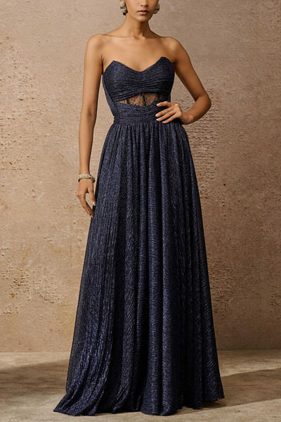 Midnight blue embellished crinkle gown
