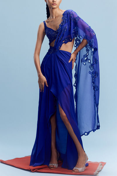 Midnight blue embellished draped sari set