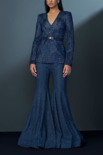 Midnight blue embellished jacket sharara set