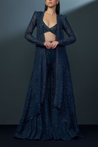 Midnight blue embellished sharara jacket set