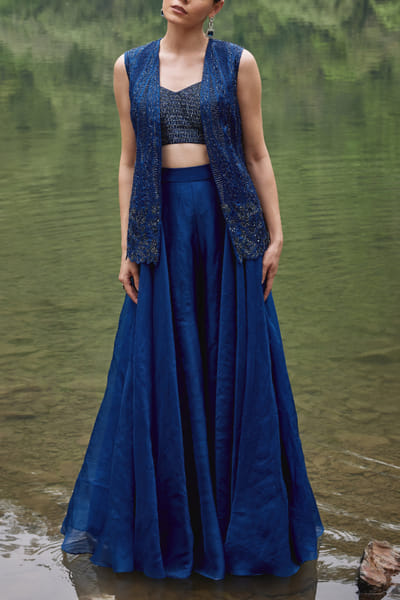 Varun Chakkilam Midnight blue embroidered jacket set VACAUG2421
