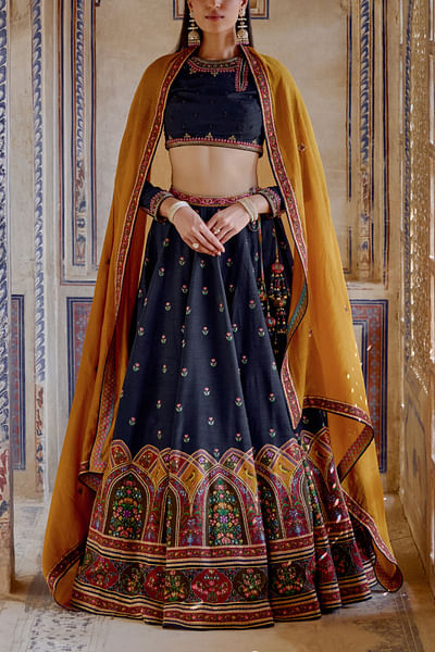 Midnight blue embroidered lehenga set