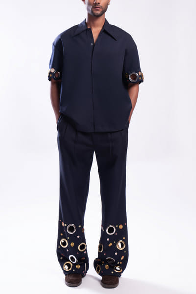 Midnight blue eyelet embellished shirt