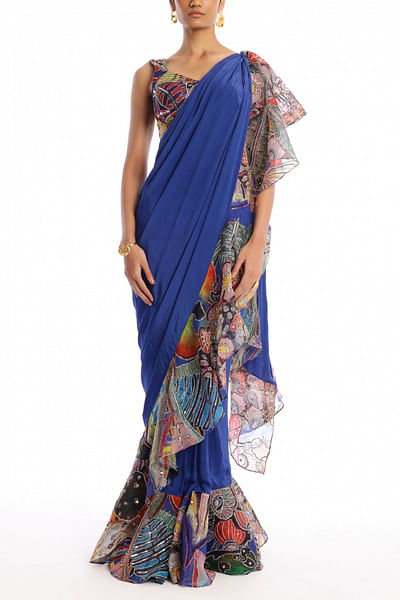 Midnight blue floral printed ruffled sari set