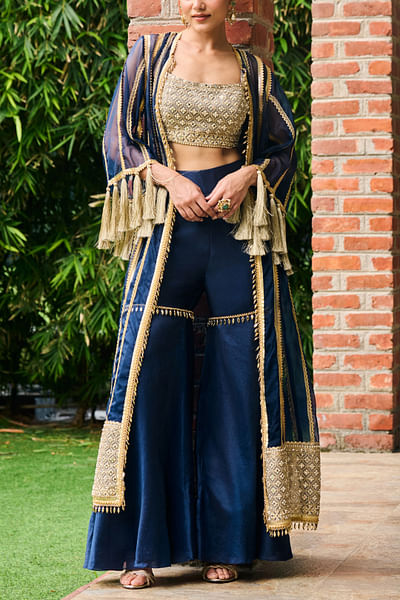 Midnight blue gota work jacket and sharara set