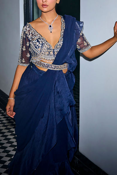 Midnight blue pre-draped ruffled sari set