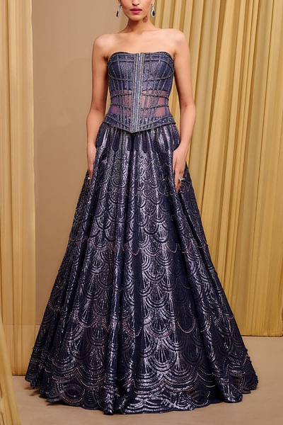 Midnight blue sequin embroidered lehenga set