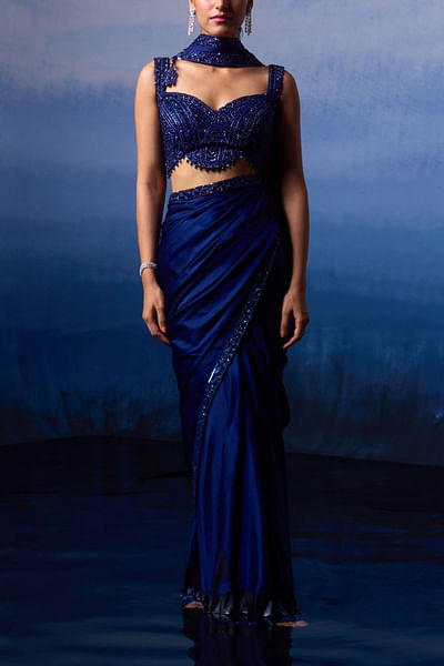 Midnight blue sequin embroidered sari set