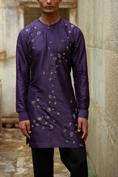 Midnight purple zari embroidered kurta set