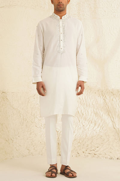 Milky white floral embroidered kurta set