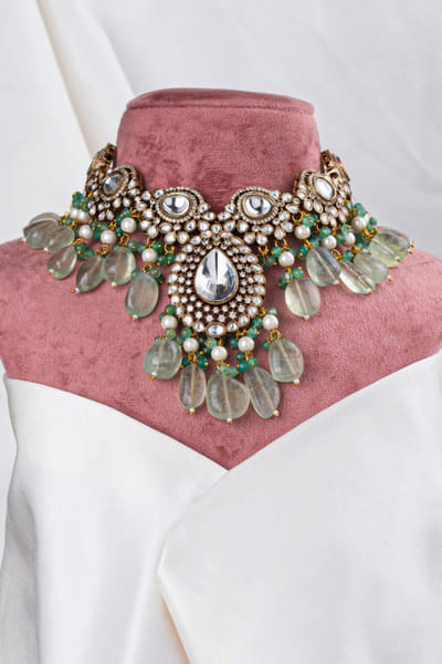 Mint and gold polki and fluorite necklace set