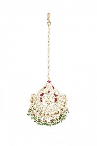 Mint and red kundan and pearl maang tikka