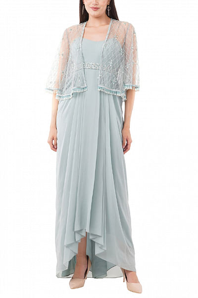 Mint crystal and pearl embellished cape set