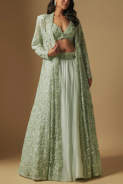 Mint embroidered jacket and lehenga set
