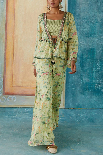 Mint floral and bird printed peplum jacket set