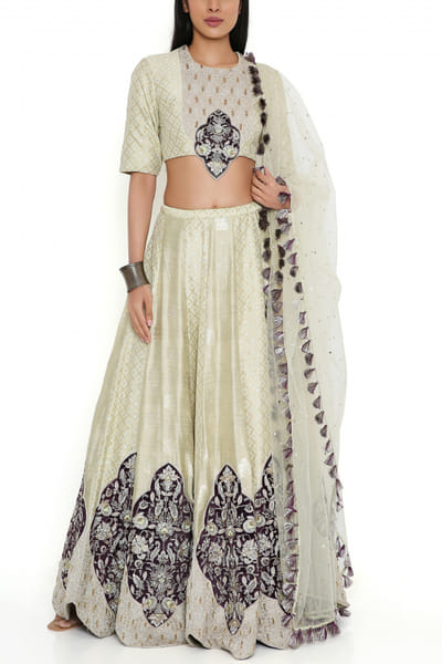 Mint floral embroidered banarasi lehenga set