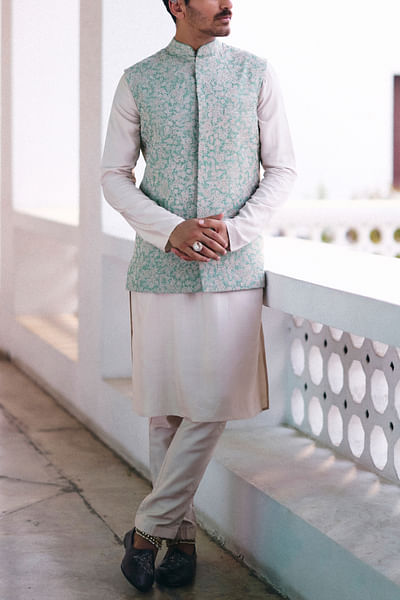 Mint floral embroidered bandi kurta set