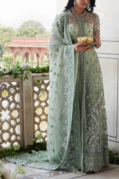 Mint floral embroidered sheer kurta set